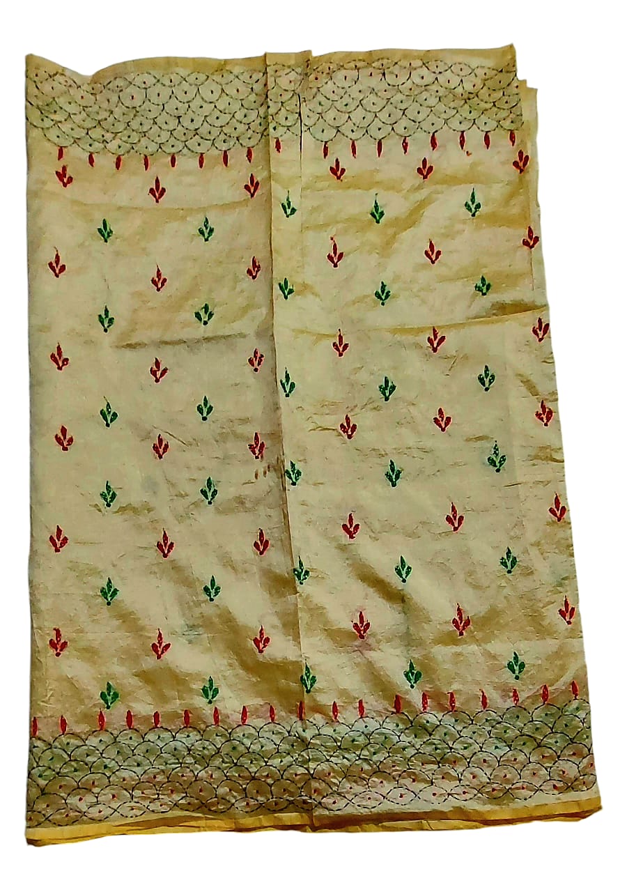 Hand Embroidered Kantha Cotton Silk Saree With Thread Work, Comfortable Fabric And Blouse Piece