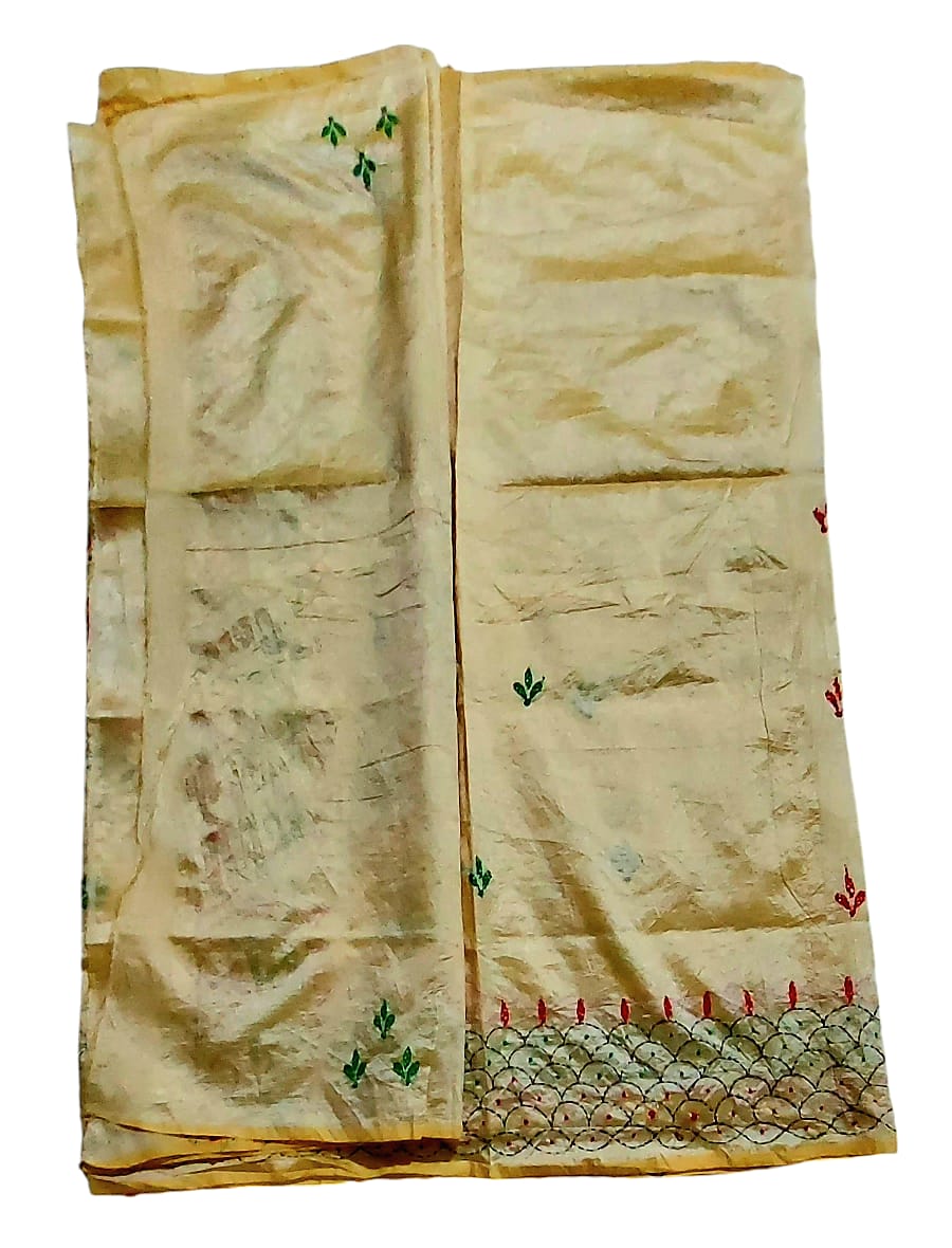 Hand Embroidered Kantha Cotton Silk Saree With Thread Work, Comfortable Fabric And Blouse Piece