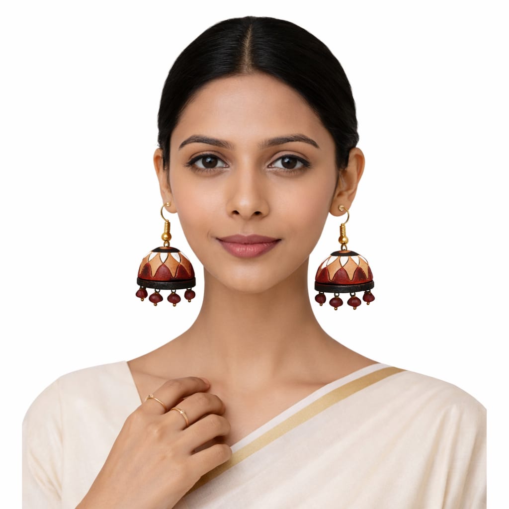 Purely Handmade Terracotta Multi-Coloured Dome Shaped Jhumka Earrings(With Beads)