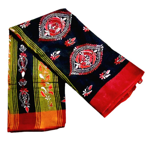 Purely Handmade Dual Colour Khadi Kantha Embroidered Saree