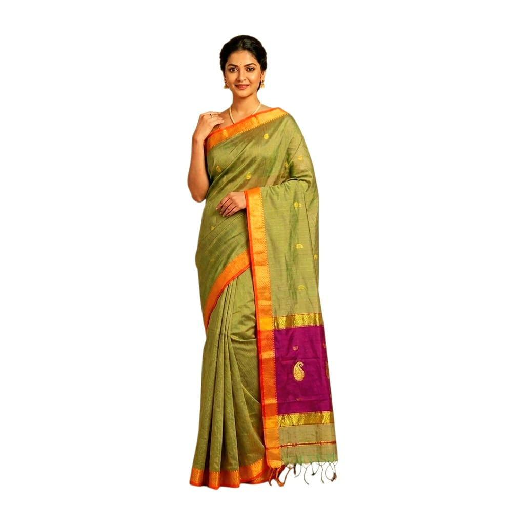 Maheshwari Cotton Silk Saree with Contrast Blouse & Contrast Pallu