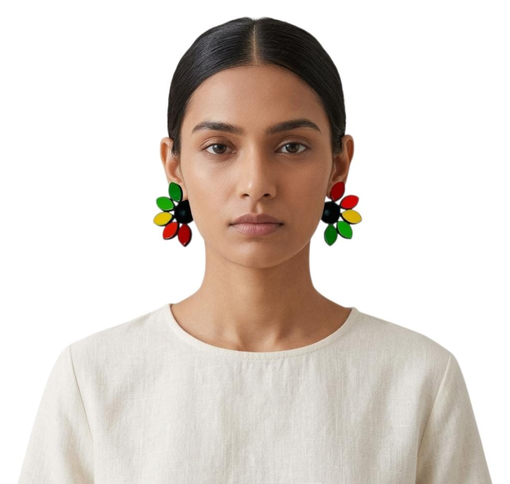 Terracotta Half - Circle Floral Stud Earrings