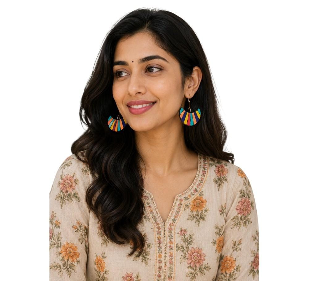 Terracotta Half Moon Striped Dangler Earrings