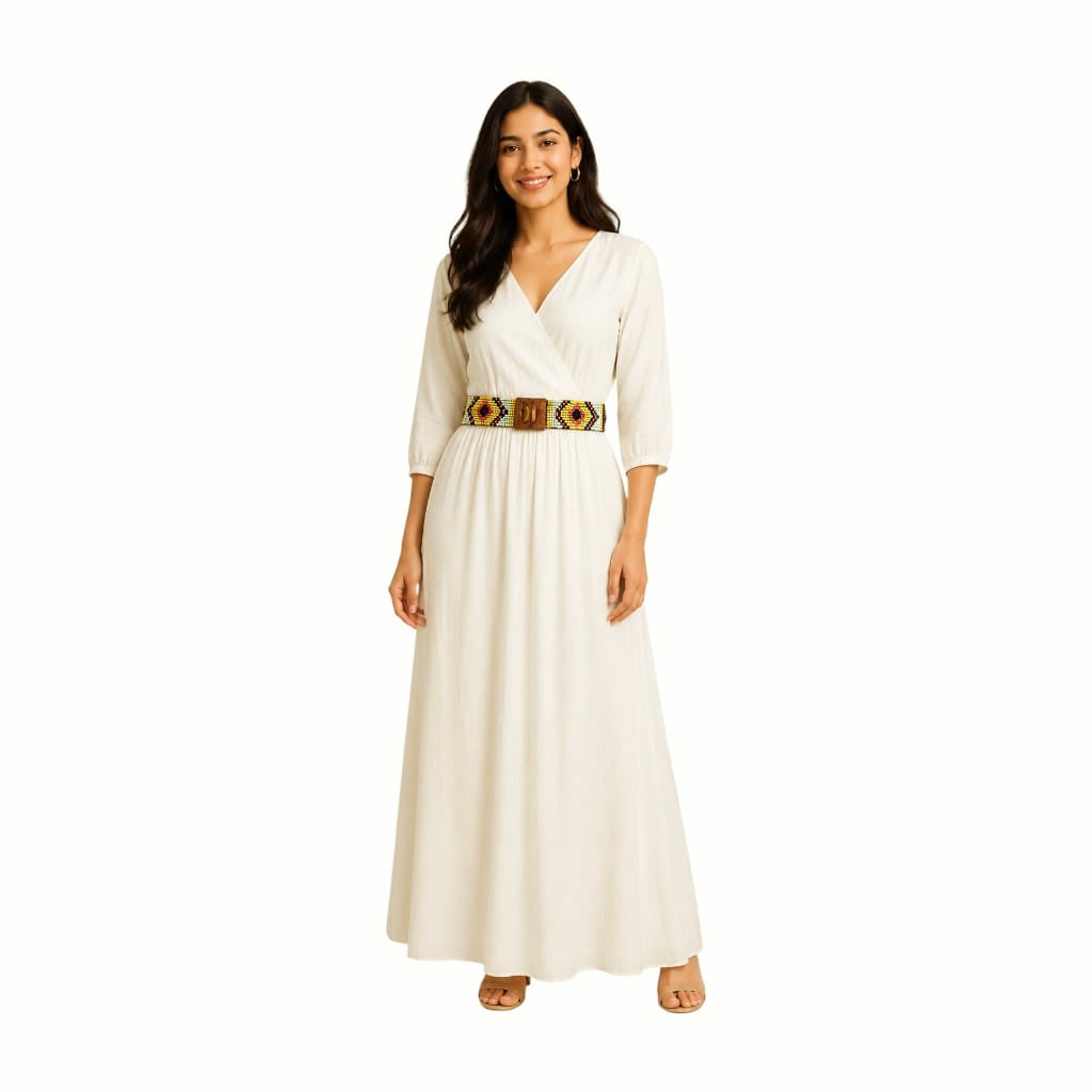 Glass Beaded Elastic Belt/Waistband (Thin) With a Wooden Buckle