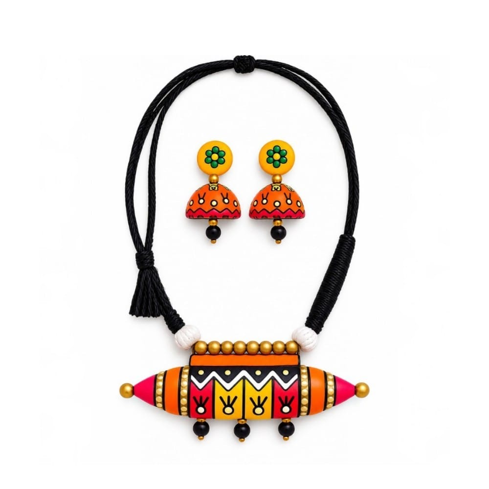 Lightweight Purely Handmade Terracotta Rope Necklace With Earrings
