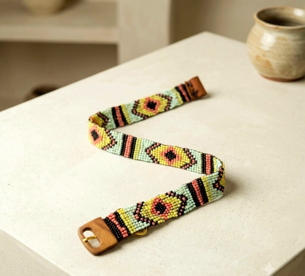 Glass Beaded Elastic Belt/Waistband (Thin) With a Wooden Buckle