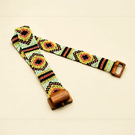 Glass Beaded Elastic Belt/Waistband (Thin) With a Wooden Buckle