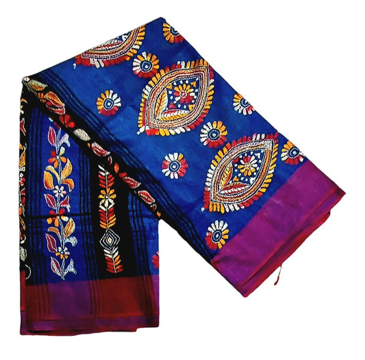 Purely Handmade Dual Colour Khadi Kantha Embroidered Saree