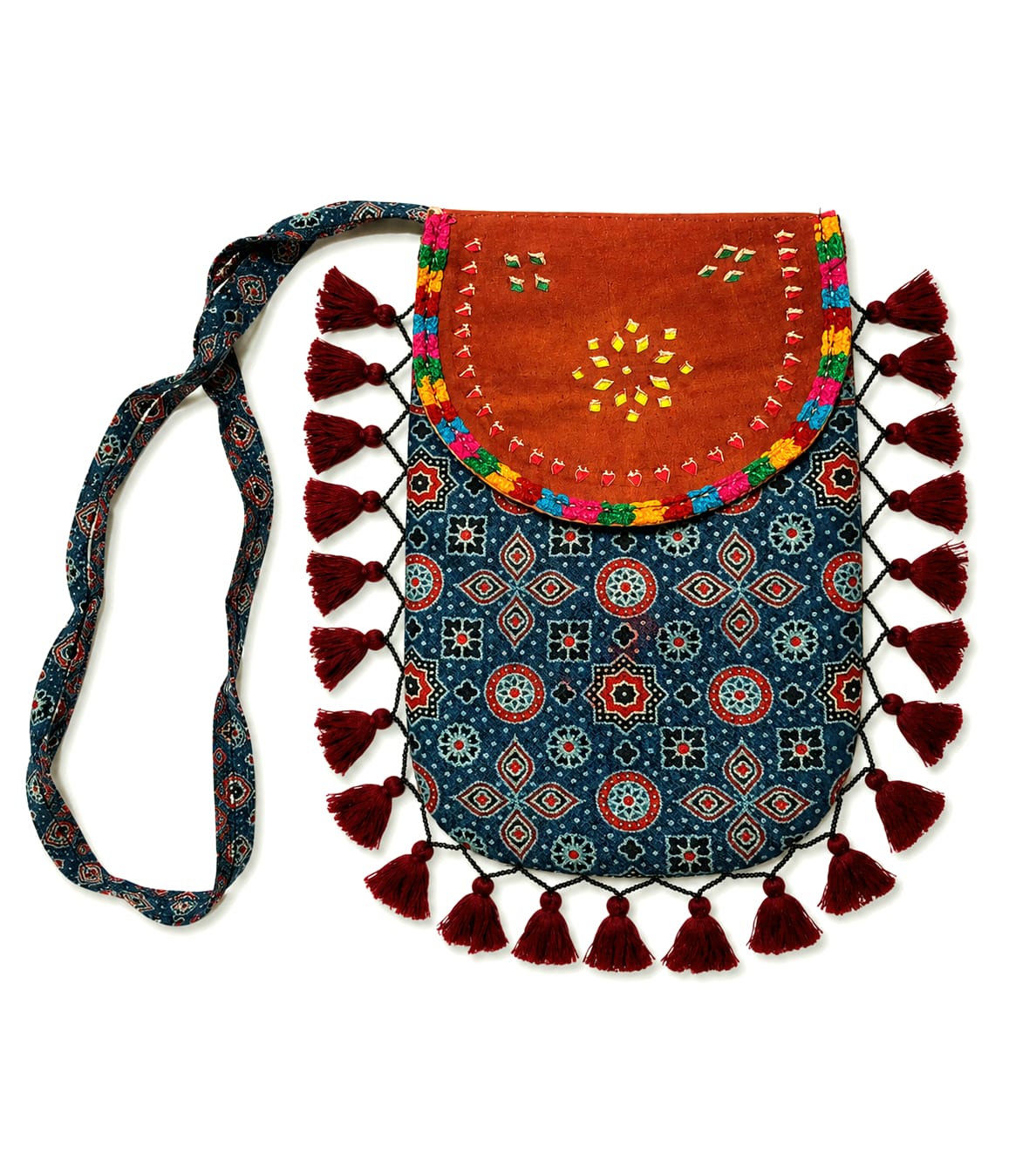 Gajji Silk Ajrakh Printed Leather Crossbody Flip Sling Bag