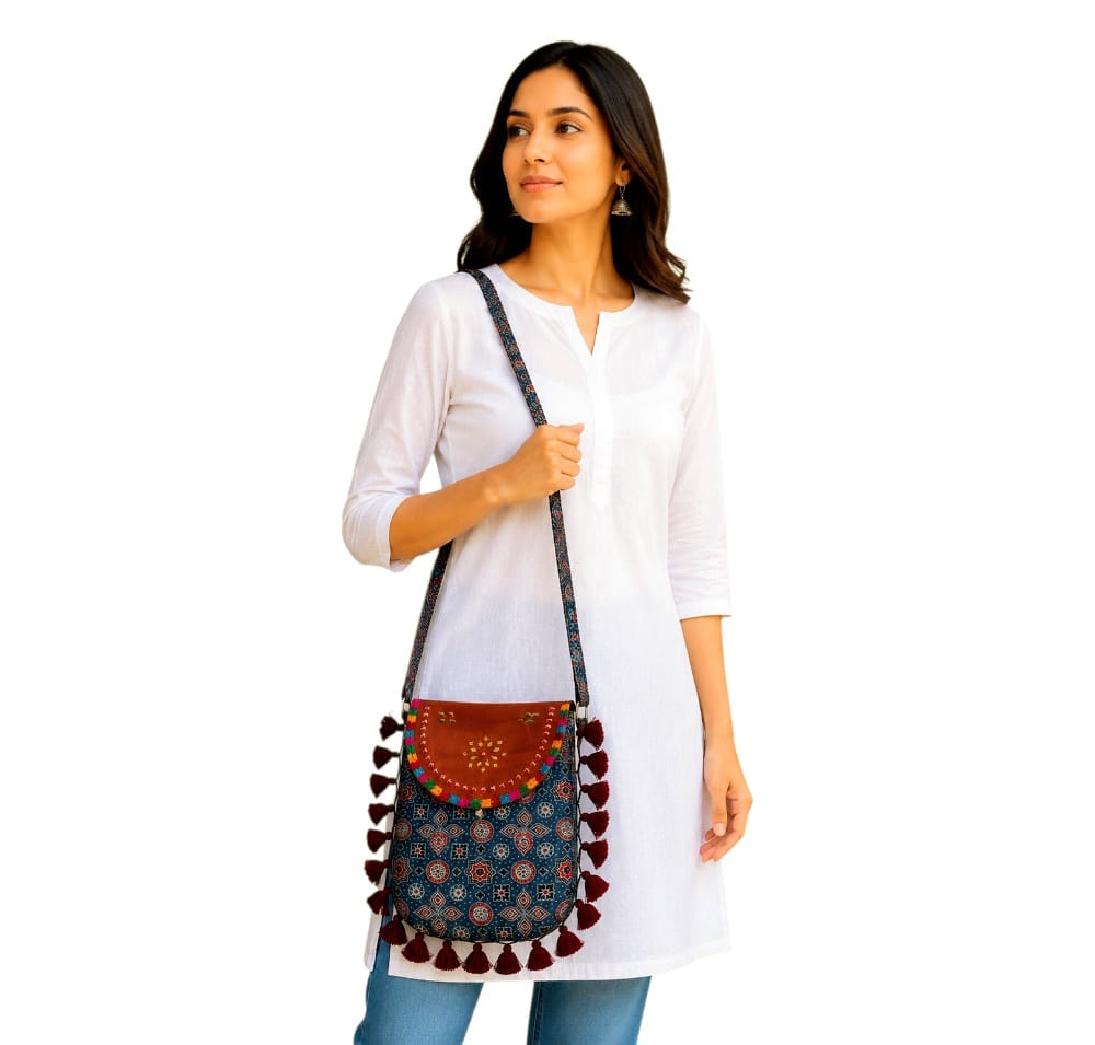 Gajji Silk Ajrakh Printed Leather Crossbody Flip Sling Bag