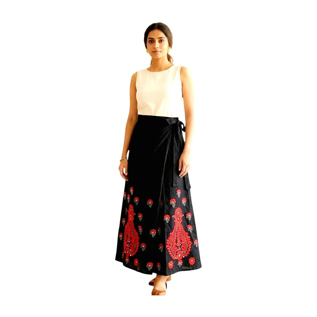Kantha Stitch Hand Embroidered Women's Cotton Wrap Around Skirt
