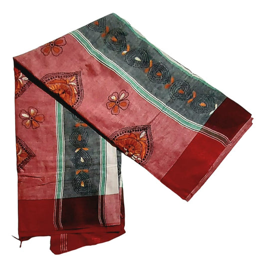 Purely Handmade Dual Colour Khadi Kantha Embroidered Saree