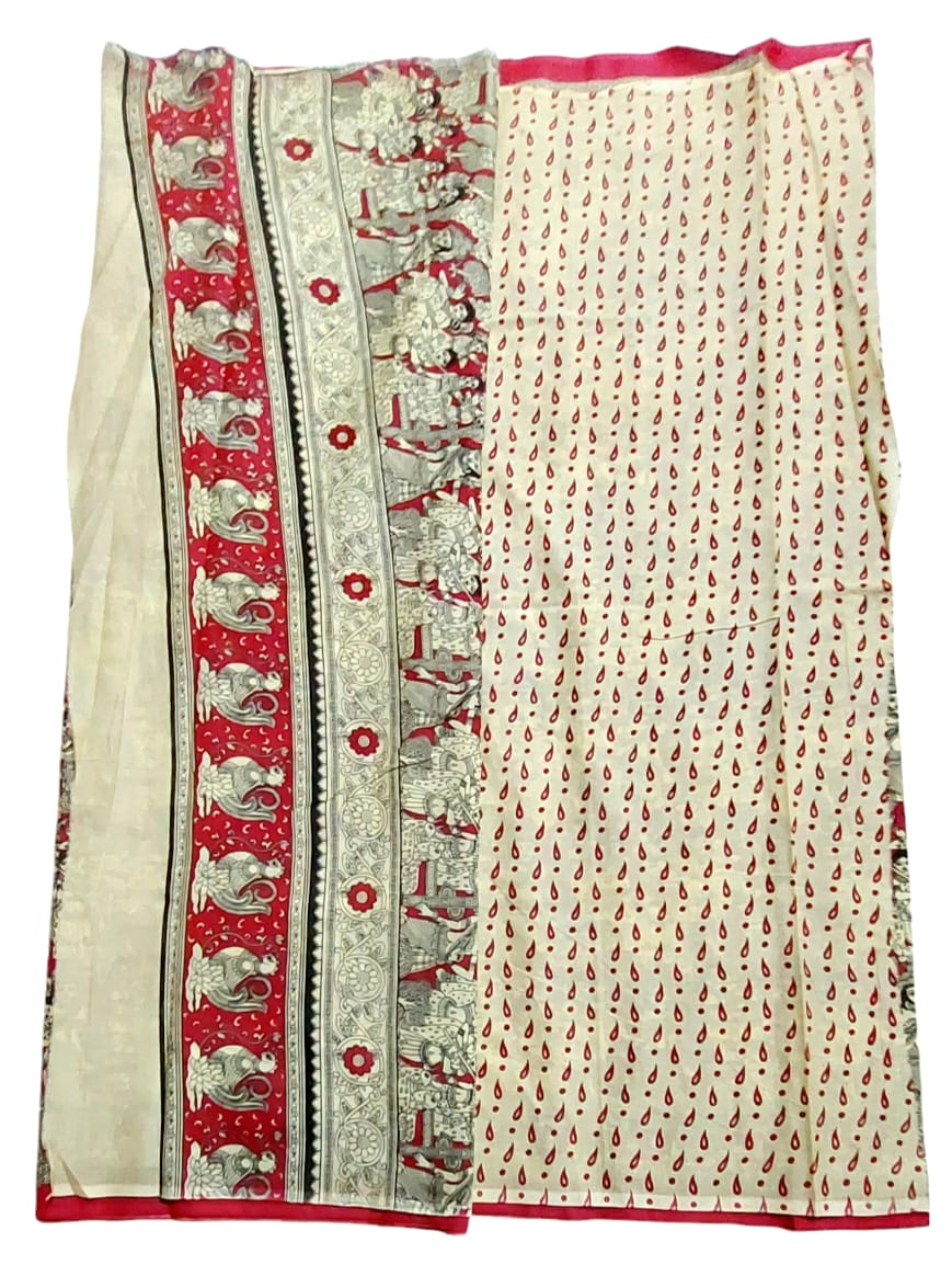 Women's Pure Cotton Hand Block Printed Kalamkari Sarees