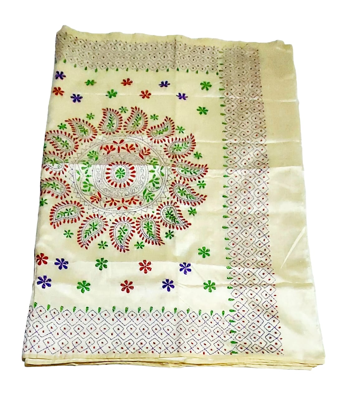Hand Embroidered Kantha Cotton Silk Saree With Thread Work, Comfortable Fabric And Blouse Piece