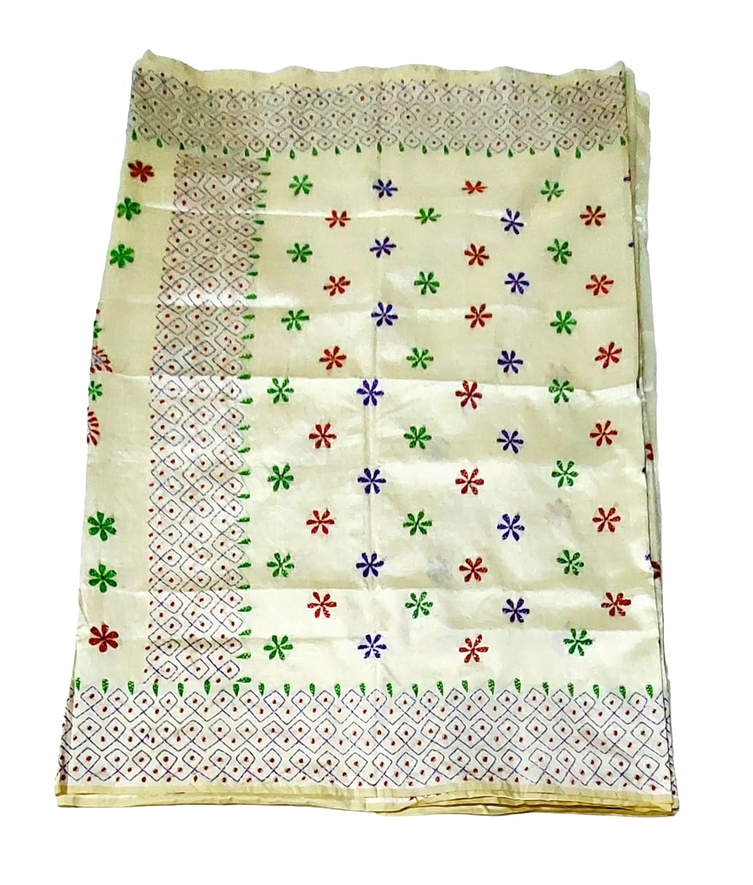 Hand Embroidered Kantha Cotton Silk Saree With Thread Work, Comfortable Fabric And Blouse Piece