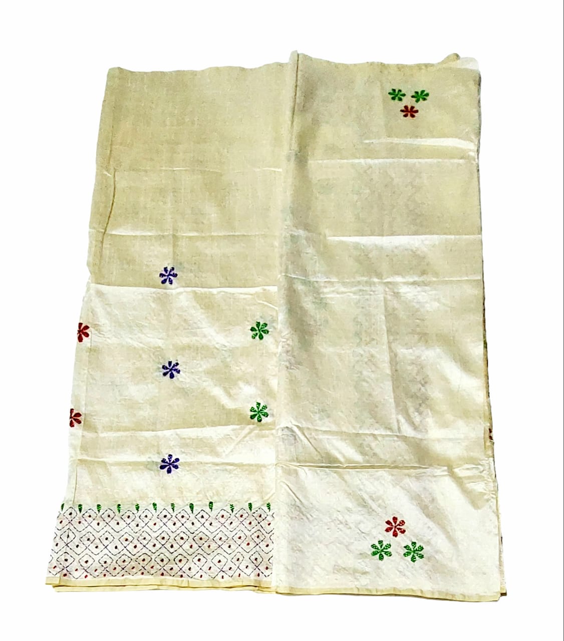 Hand Embroidered Kantha Cotton Silk Saree With Thread Work, Comfortable Fabric And Blouse Piece