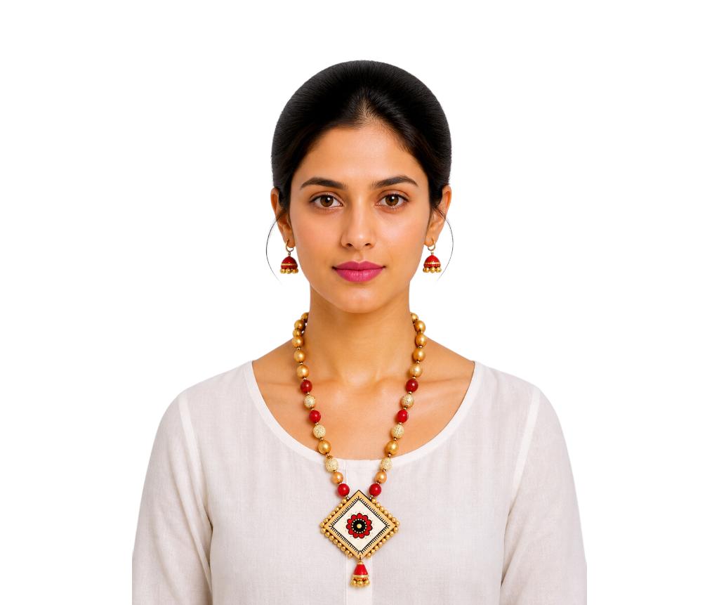Purely Handmade Terracotta Rope Necklace With Earrings