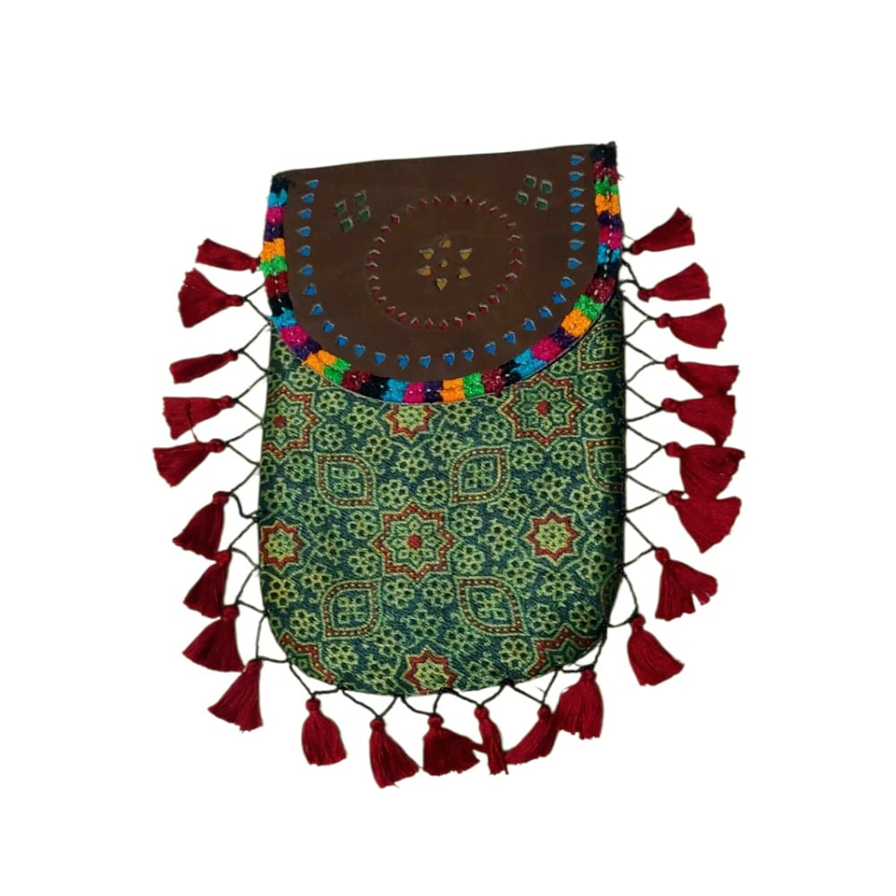 Gajji Silk Ajrakh Printed Leather Crossbody Flip Sling Bag