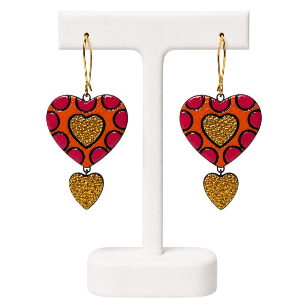Lightweight Handcrafted Heart Shaped Terracotta Dangle Earrings (Geometric Pattern)