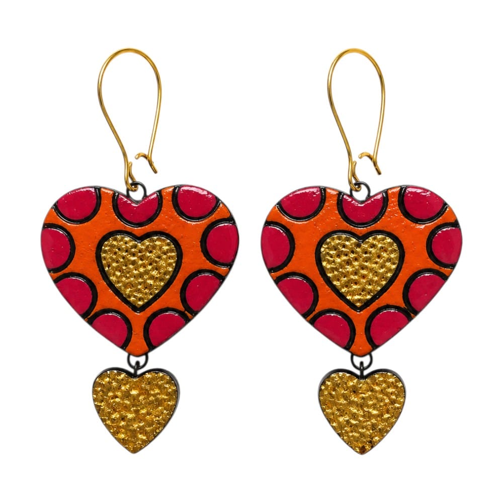 Lightweight Handcrafted Heart Shaped Terracotta Dangle Earrings (Geometric Pattern)