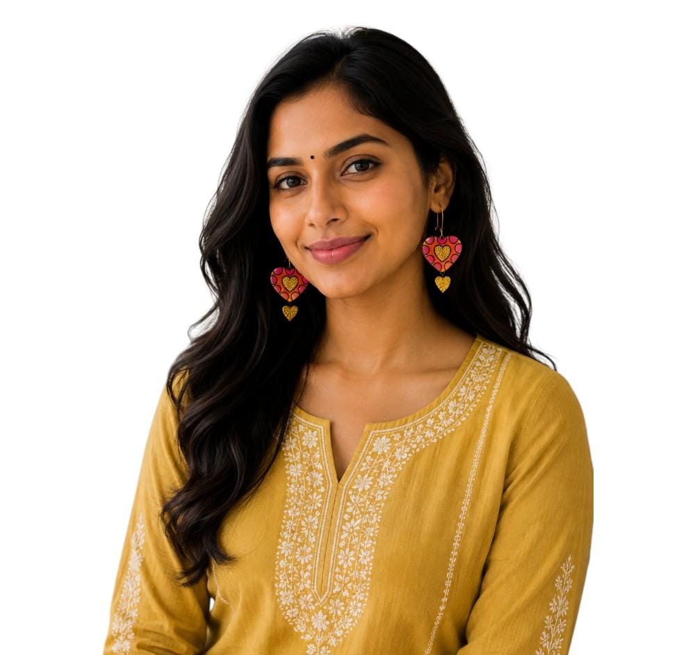 Lightweight Handcrafted Heart Shaped Terracotta Dangle Earrings (Geometric Pattern)