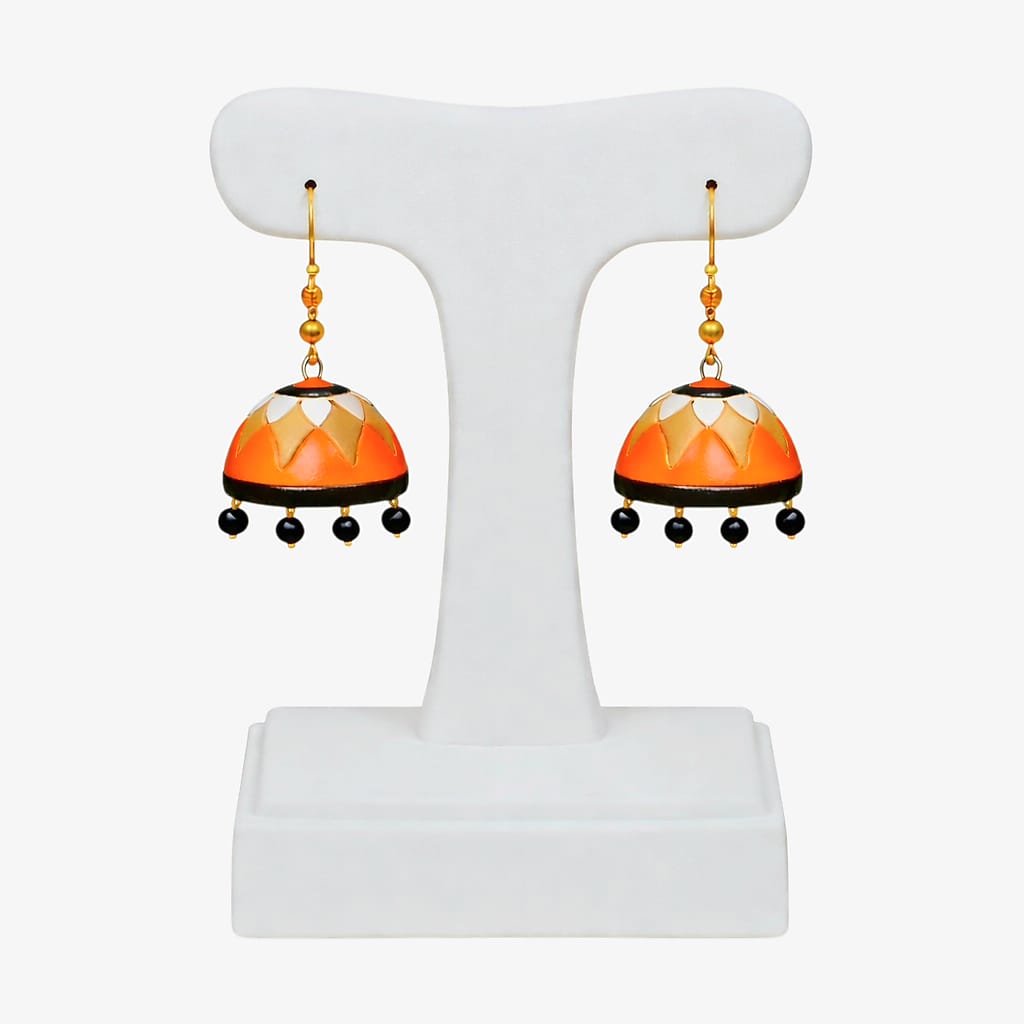Purely Handmade Terracotta Multi-Coloured Dome Shaped Jhumka Earrings(With Beads)