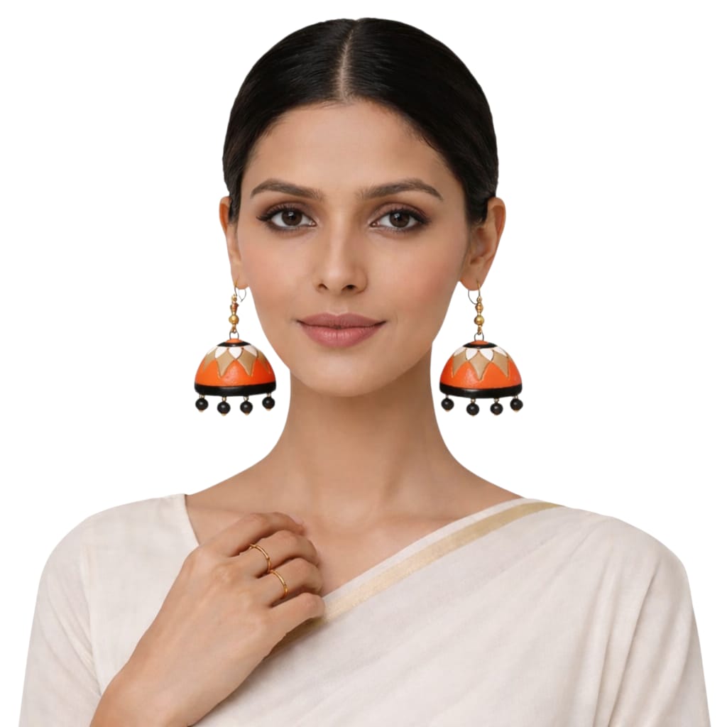 Purely Handmade Terracotta Multi-Coloured Dome Shaped Jhumka Earrings(With Beads)