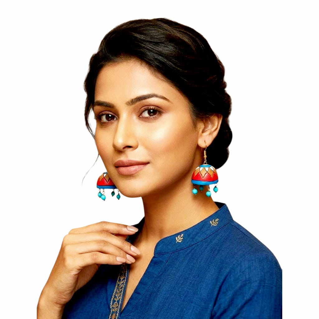 Purely Handmade Terracotta Multi-Coloured Dome Shaped Jhumka Earrings(With Beads)
