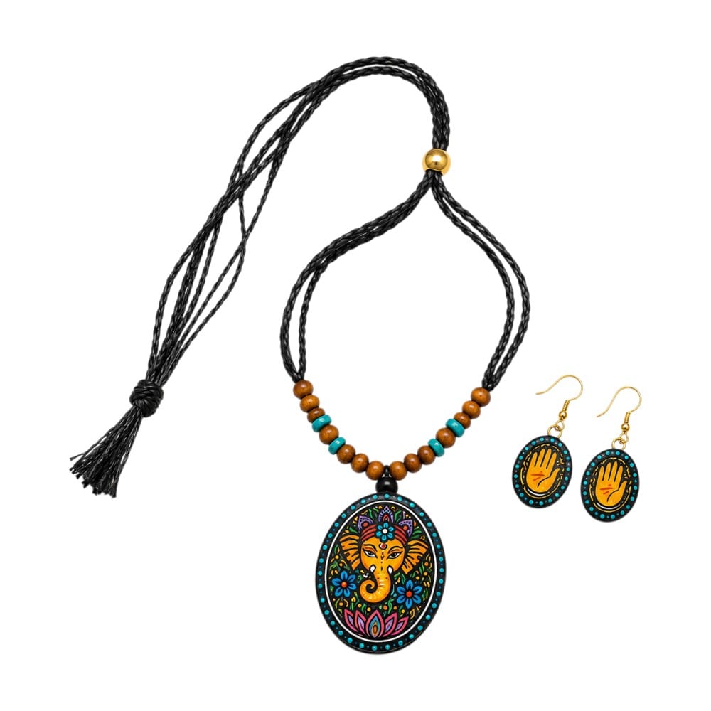 Purely Handmade Terracotta Ganesh Bappa Design Jewellery Necklace Set