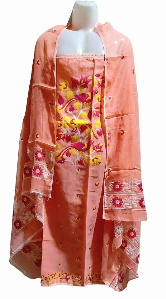 Purely Handmade Kota Silk By Cotton 2 piece Suit Set With Jamdani Weave