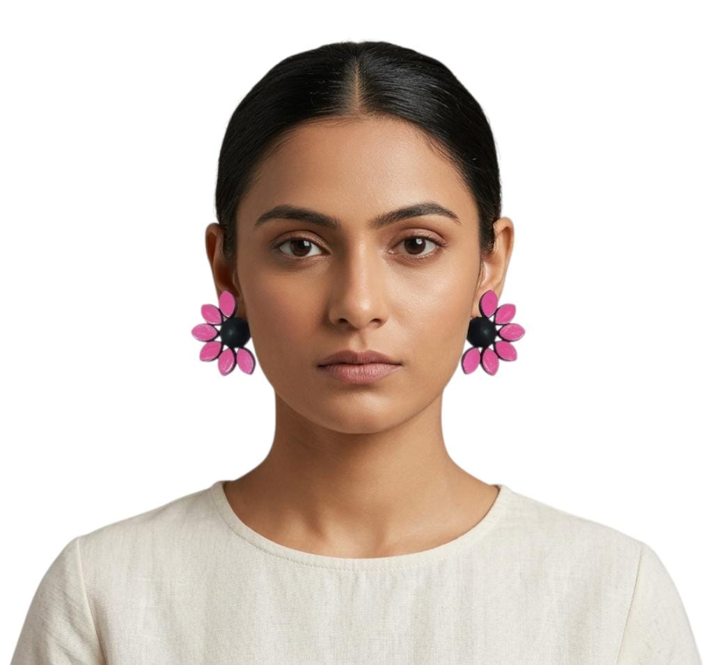 Terracotta Half - Circle Floral Stud Earrings