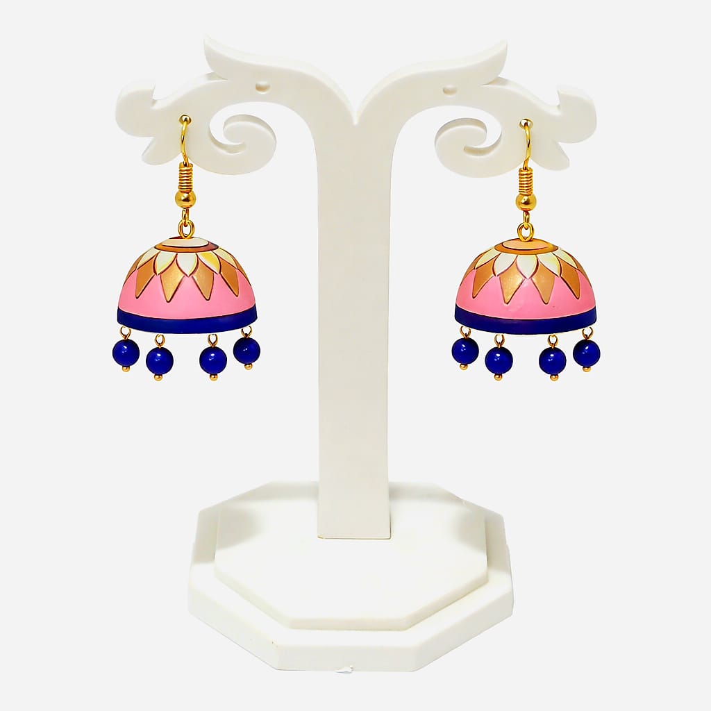 Purely Handmade Terracotta Multi-Coloured Dome Shaped Jhumka Earrings(With Beads)