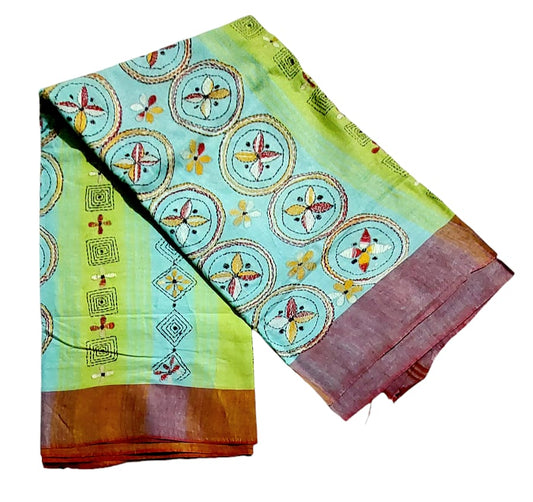 Purely Handmade Dual Colour Khadi Kantha Embroidered Saree