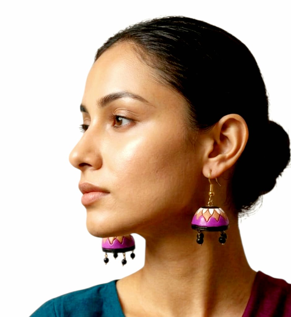 Purely Handmade Terracotta Multi-Coloured Dome Shaped Jhumka Earrings(With Beads)