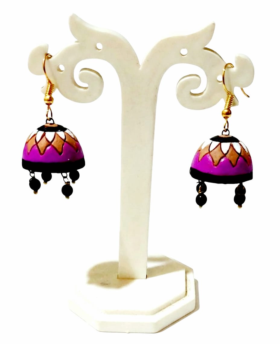Purely Handmade Terracotta Multi-Coloured Dome Shaped Jhumka Earrings(With Beads)