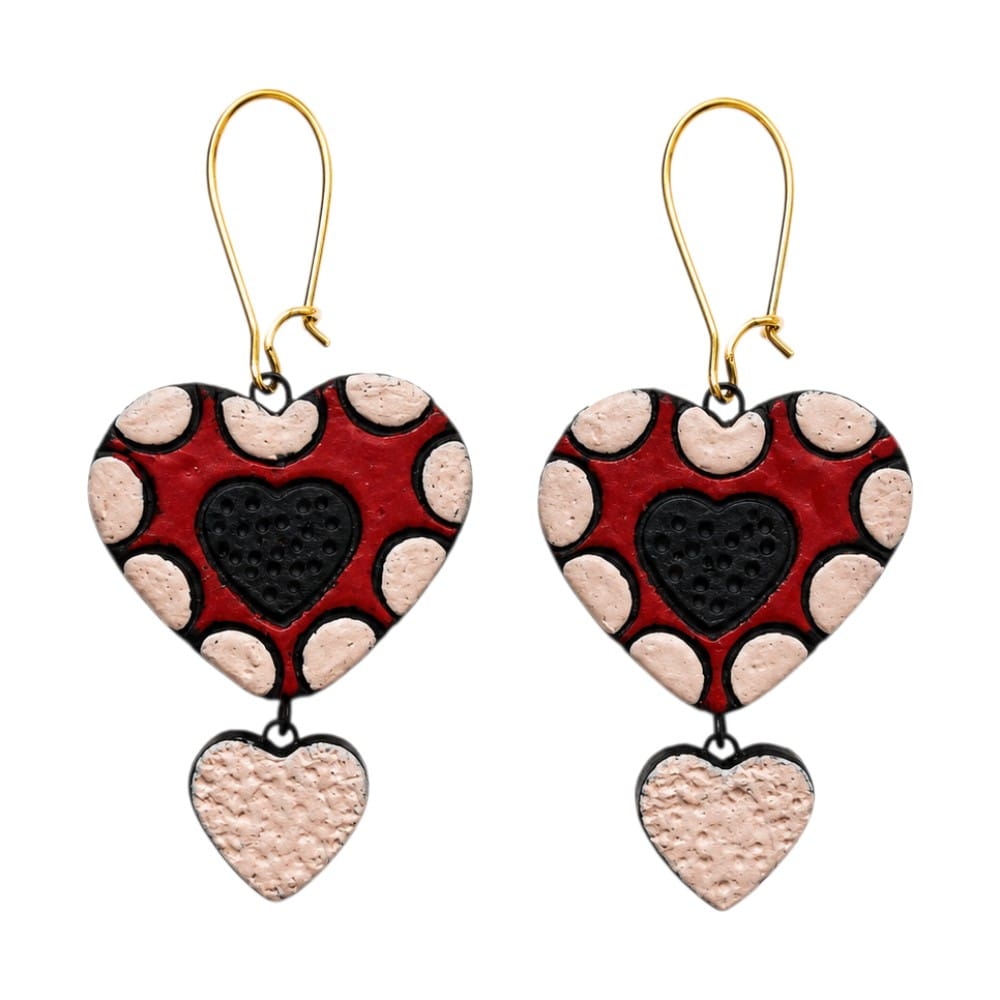 Lightweight Handcrafted Heart Shaped Terracotta Dangle Earrings (Geometric Pattern)