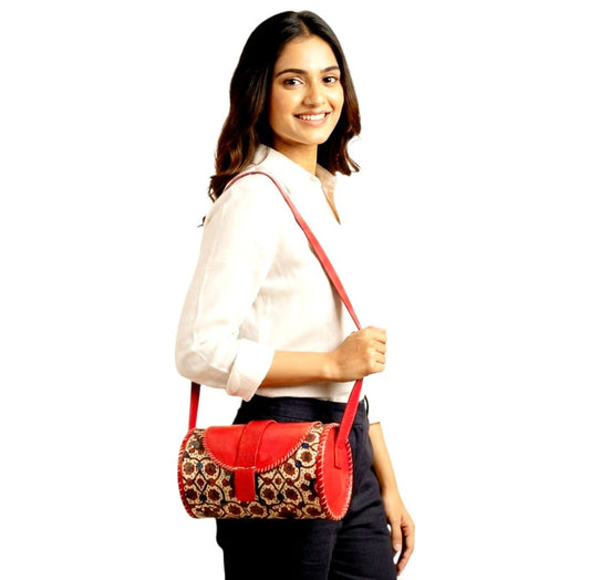 Handcrafted Leather Dholak Style Round Sling Bag