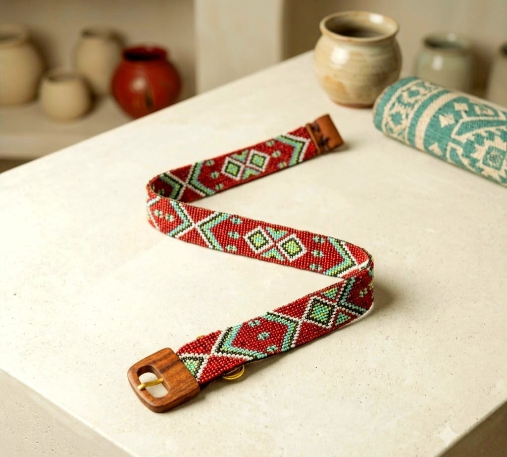 Glass Beaded Elastic Belt/Waistband (Broad) With Wooden Buckle