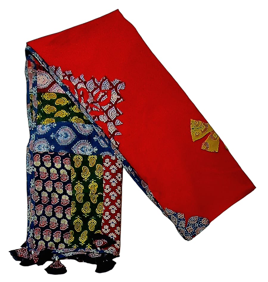 Pure Cotton Ajrakh Hand Block Printed Floral Design Patchwork Dupatta (With Tassels)
