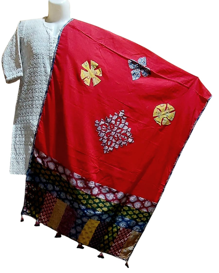 Pure Cotton Ajrakh Hand Block Printed Floral Design Patchwork Dupatta (With Tassels)