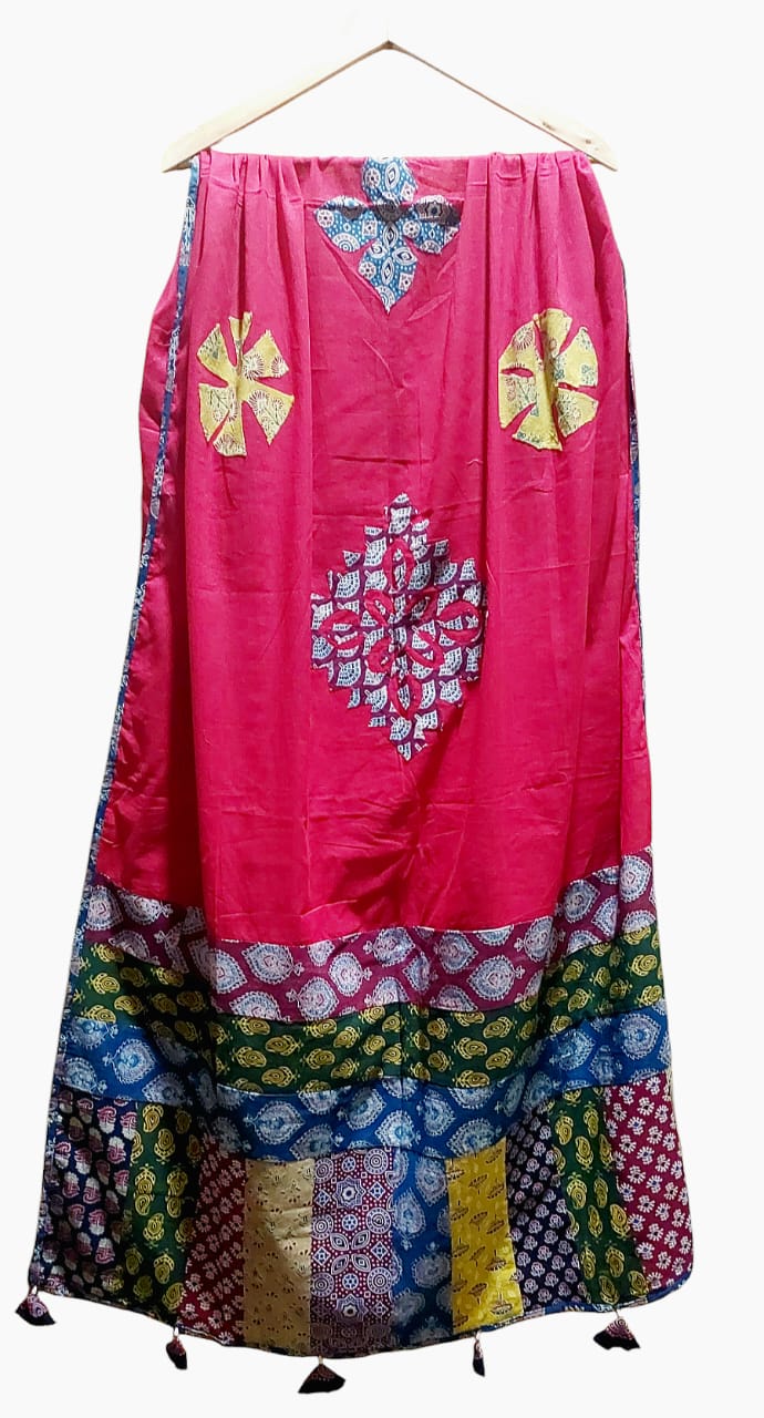 Pure Cotton Ajrakh Hand Block Printed Floral Design Patchwork Dupatta (With Tassels)