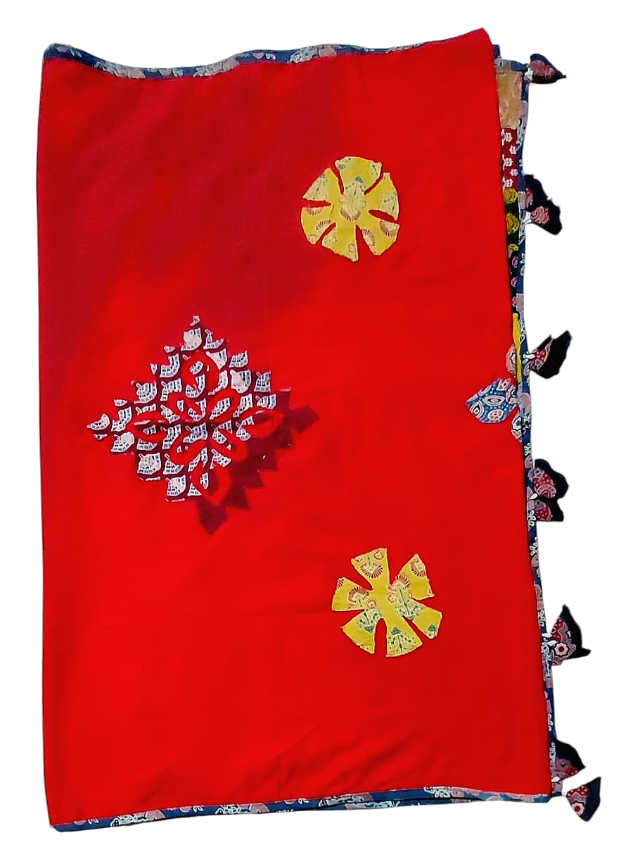 Pure Cotton Ajrakh Hand Block Printed Floral Design Patchwork Dupatta (With Tassels)