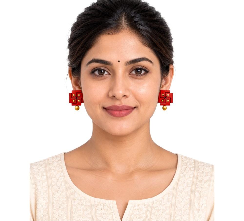 Fashweave Purely Handmade Terracotta Stud Earrings (Half Circle Floral Design)