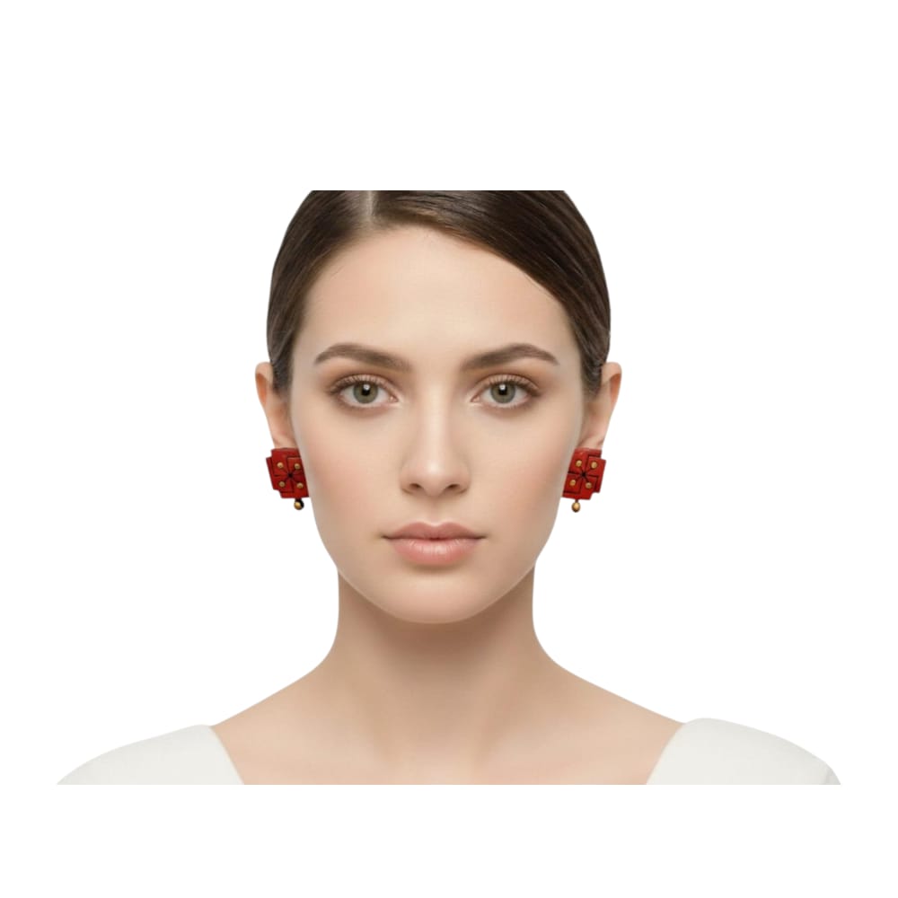 Fashweave Purely Handmade Terracotta Stud Earrings (Half Circle Floral Design)