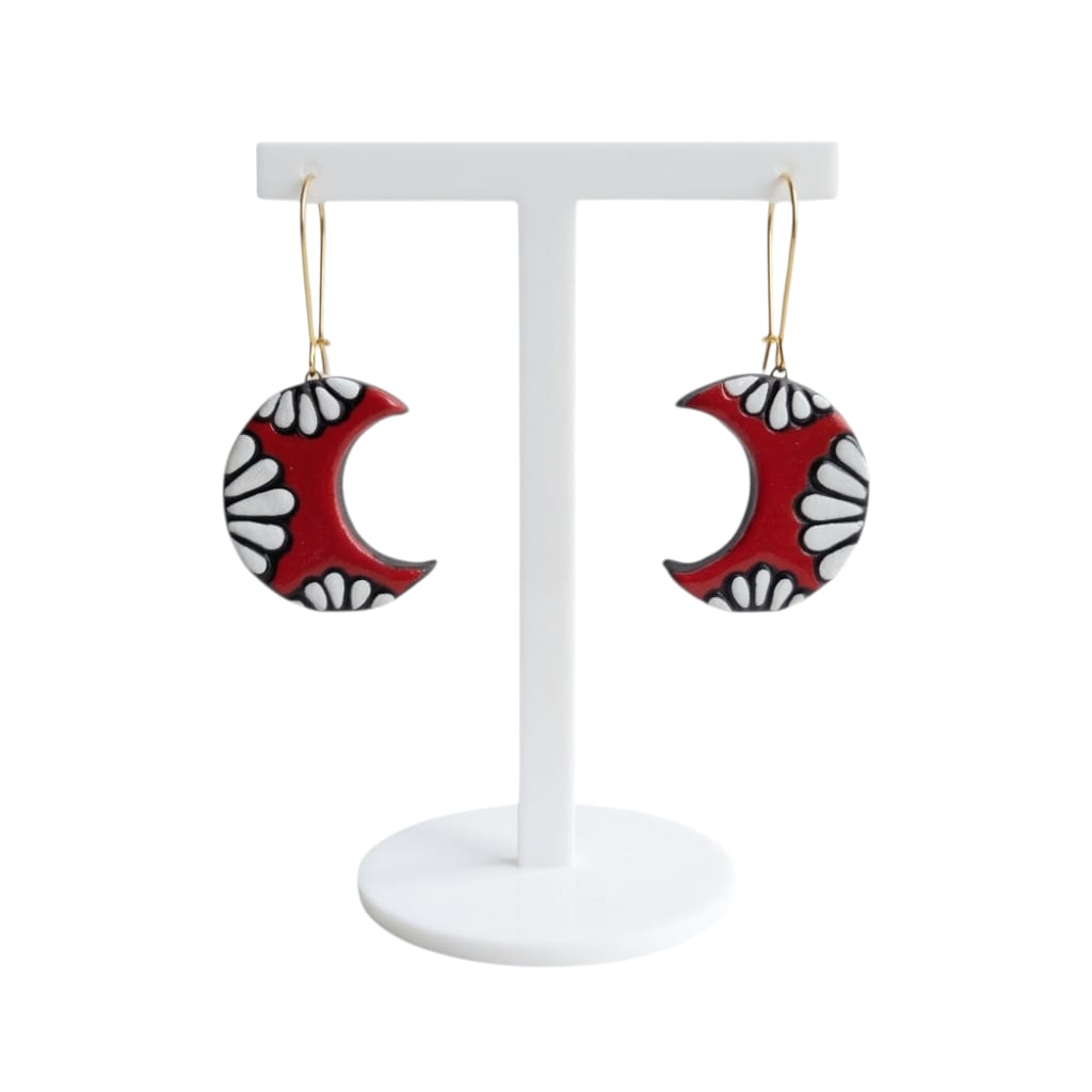 Terracotta Half-Moon Shaped Dangle Earrings(Floral Design)