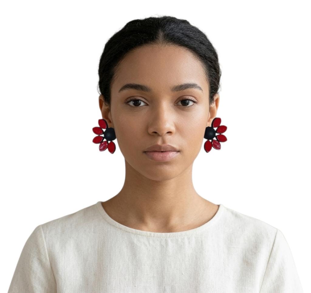 Terracotta Half - Circle Floral Stud Earrings