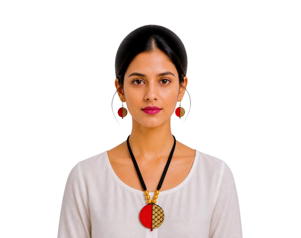 Lightweight Purely Handmade Terracotta Rope Necklace With Earrings