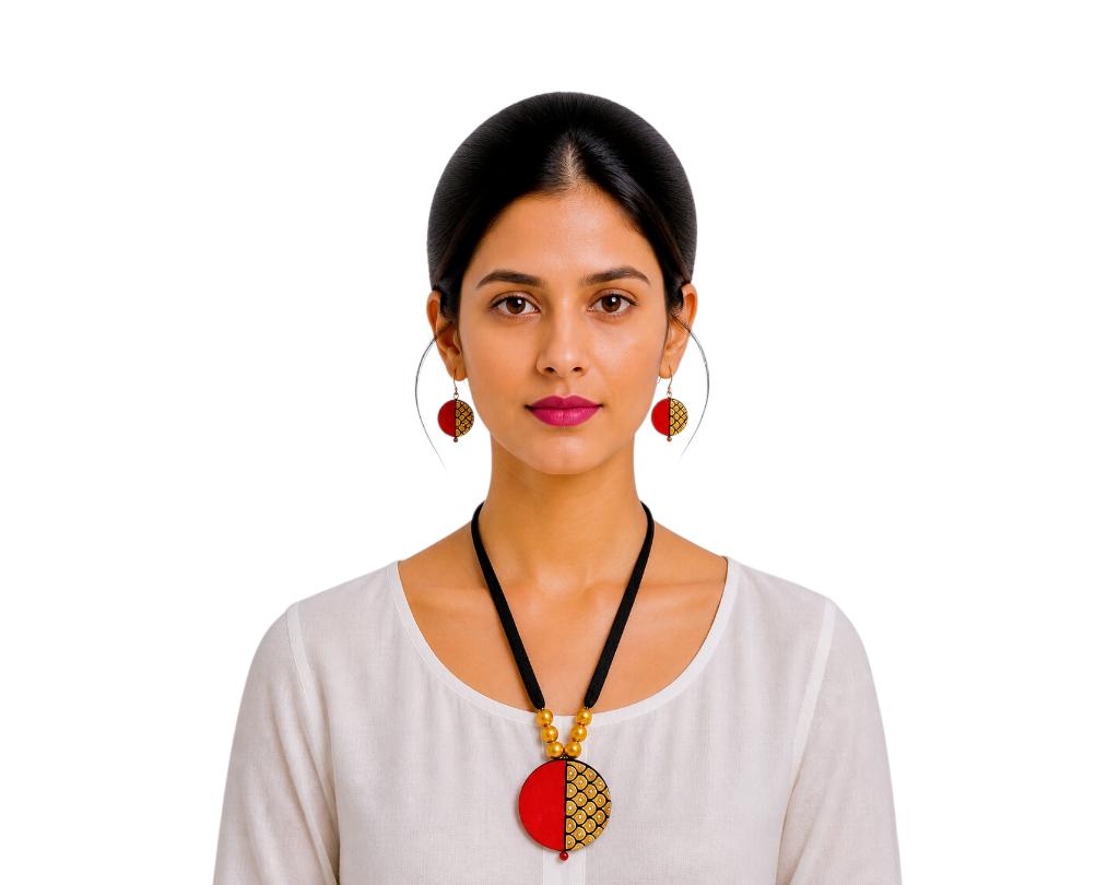 Lightweight Purely Handmade Terracotta Rope Necklace With Earrings