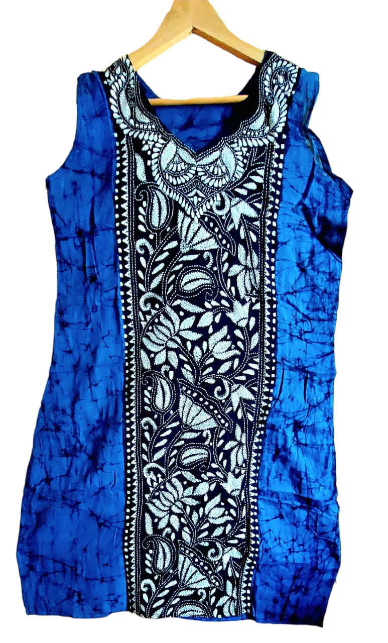 Pure Cotton Hand Printed Kurti (with Sleeve/Sleeveless) with Kantha Hand Embroidery Work
