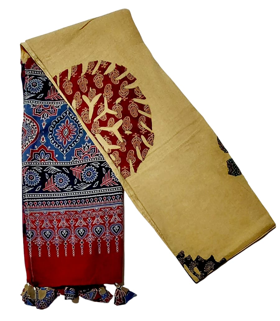 Pure Cotton Ajrakh Hand Block Printed Floral Design Patchwork Dupatta (With Tassels)